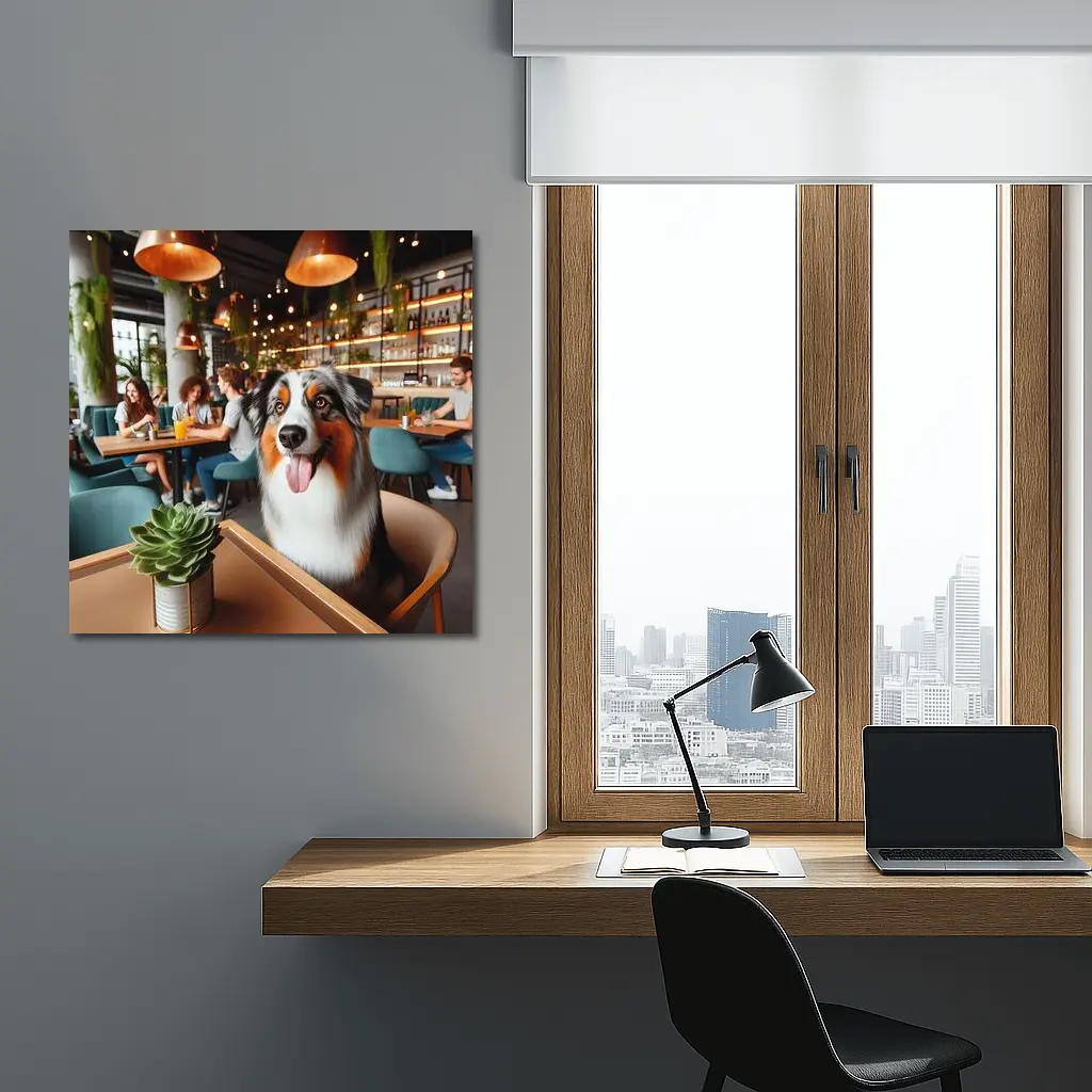 Australian Shepherd Dog Sitting in Cafe – Wall Art