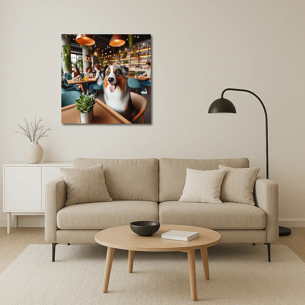 Australian Shepherd Dog Sitting in Cafe – Wall Art