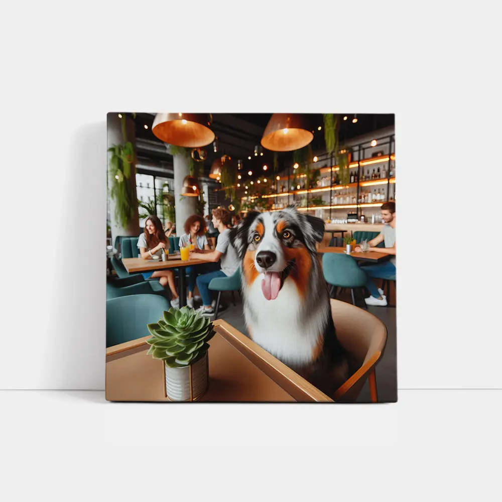 Australian Shepherd Dog Sitting in Cafe – Wall Art