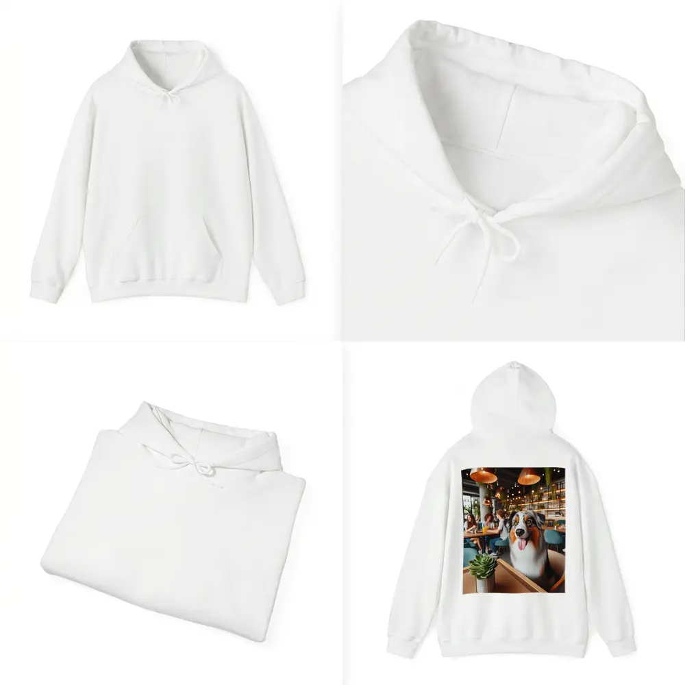 Australian Shepherd Dog Sitting in Cafe – Hoodies