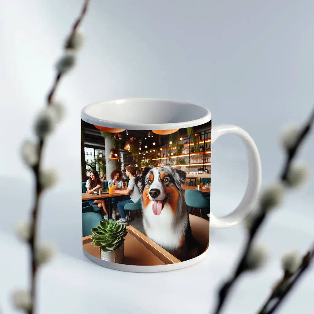Australian Shepherd Dog Sitting in Cafe – Mugs