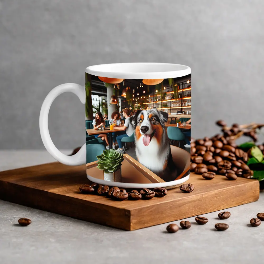 Australian Shepherd Dog Sitting in Cafe – Mugs