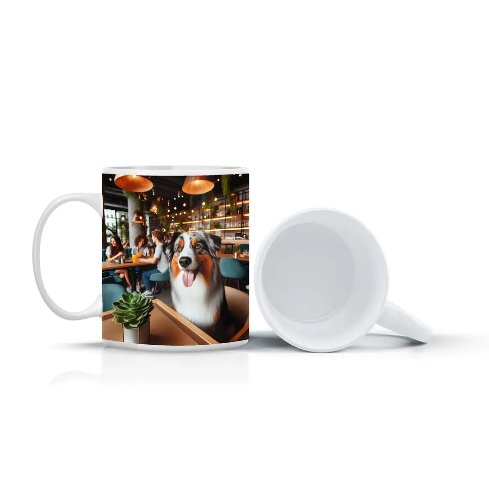 Australian Shepherd Dog Sitting in Cafe – Mugs