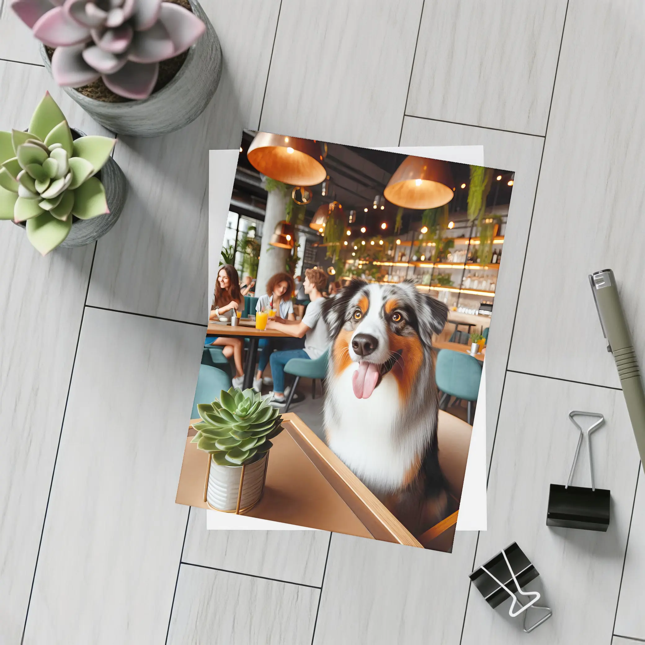 Australian Shepherd Dog Sitting in Cafe – Postcards