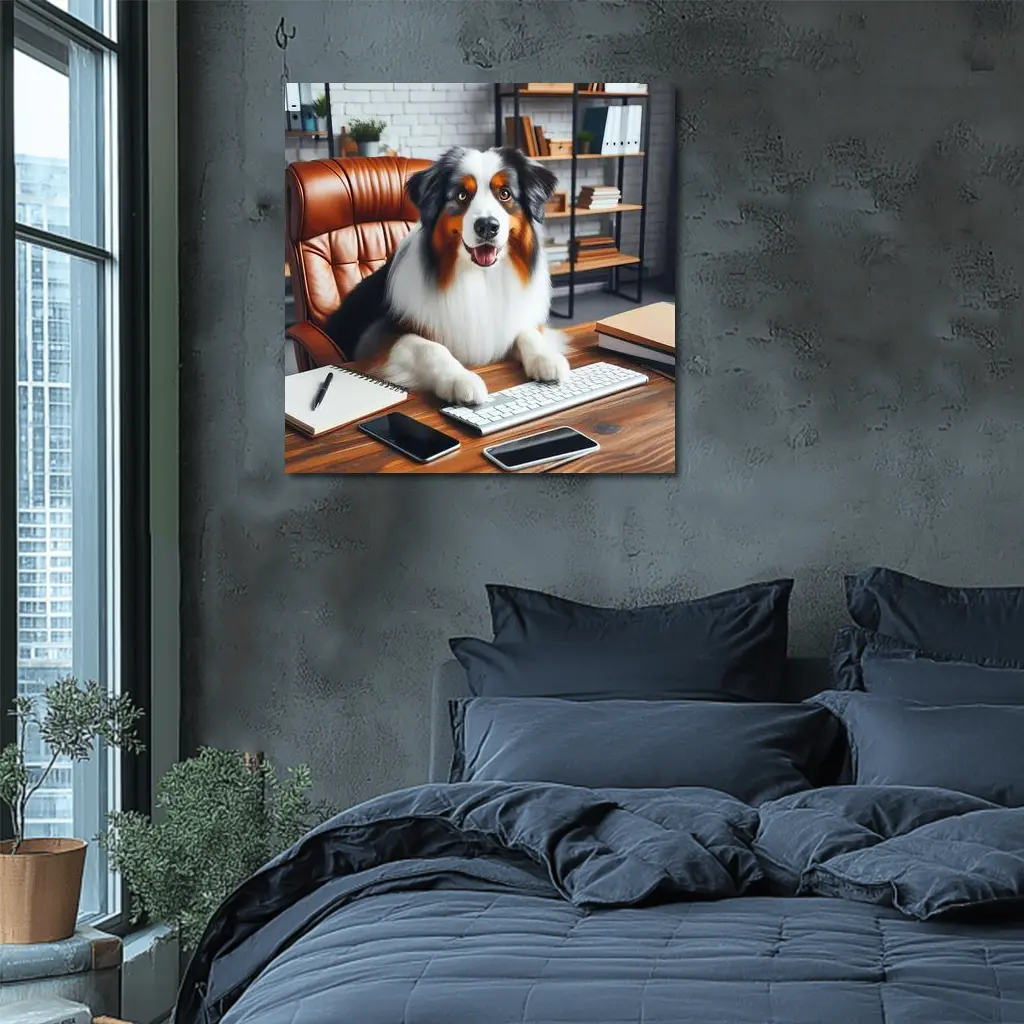Australian Shepherd Dog Sitting Office Desk – Wall Art