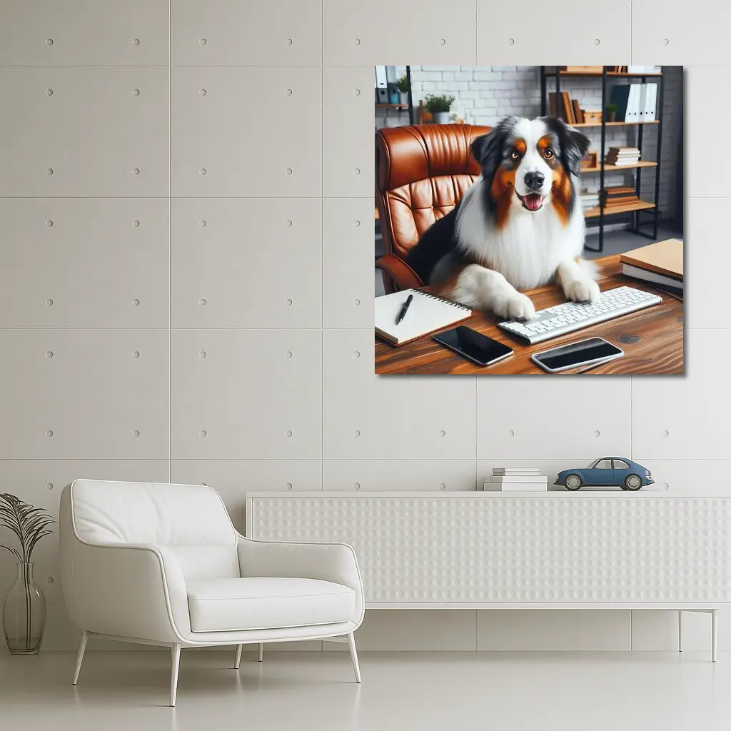Australian Shepherd Dog Sitting Office Desk – Wall Art