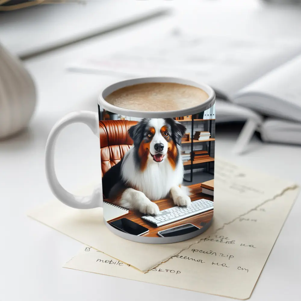 Australian Shepherd Dog Sitting Office Desk – Mugs