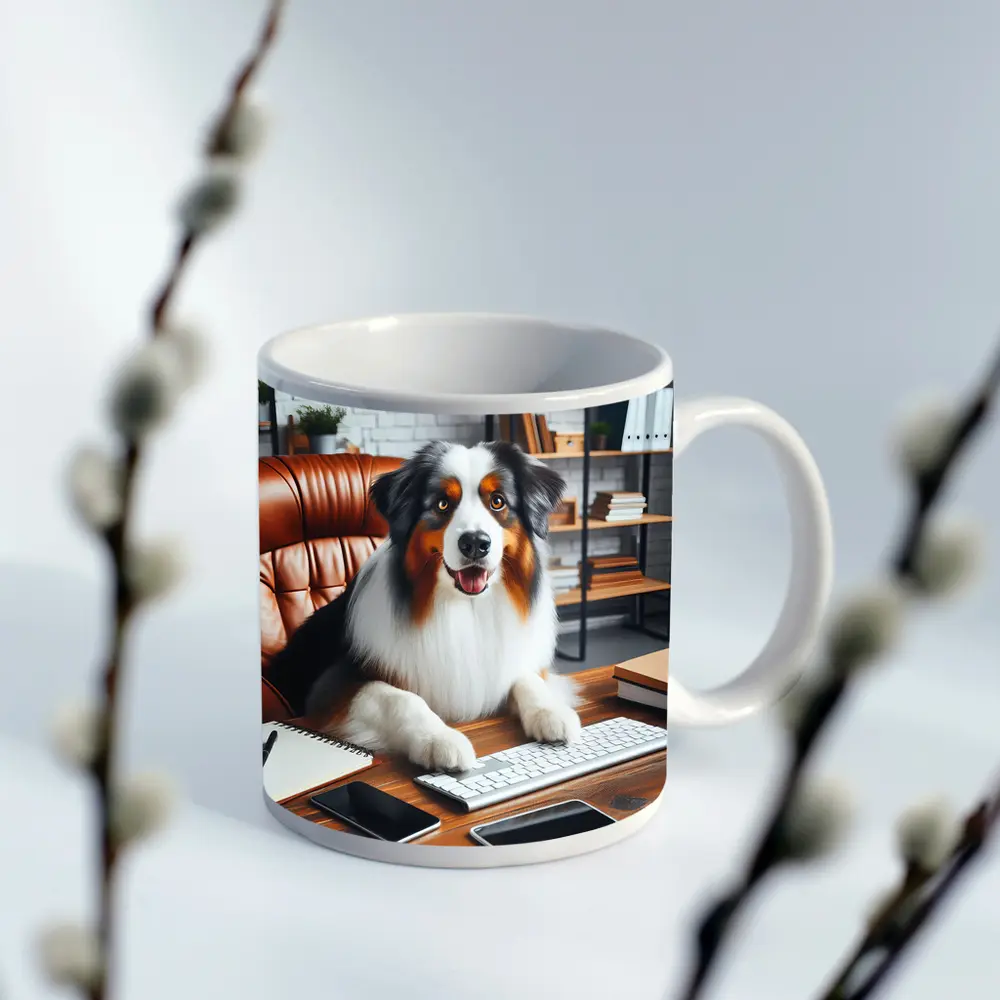 Australian Shepherd Dog Sitting Office Desk – Mugs
