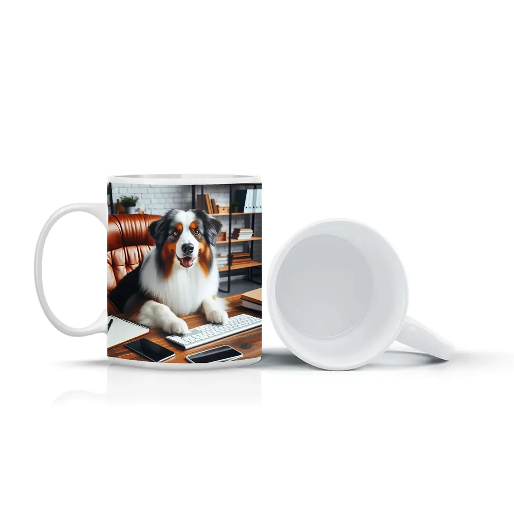 Australian Shepherd Dog Sitting Office Desk – Mugs