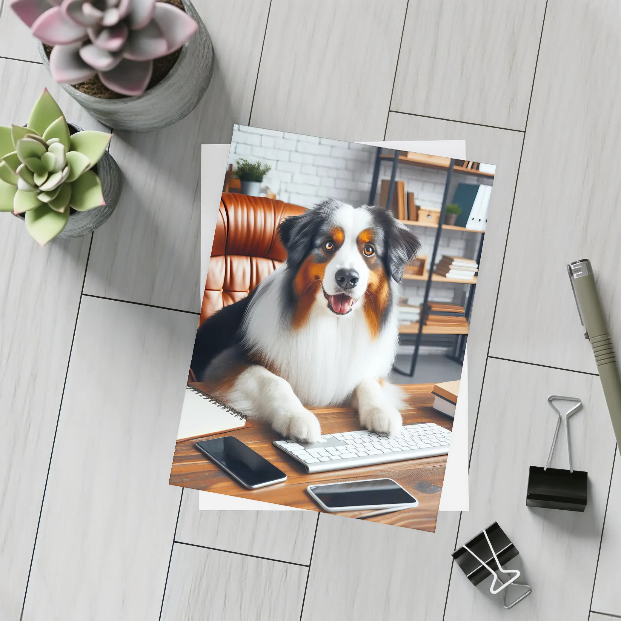 Australian Shepherd Dog Sitting Office Desk – Postcards