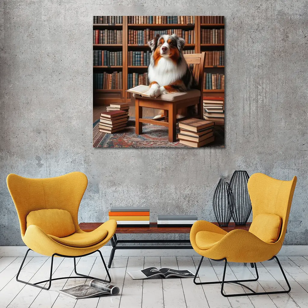 Australian Shepherd Dog Reading in Library – Wall Art