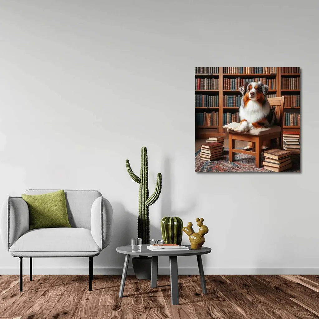 Australian Shepherd Dog Reading in Library – Wall Art
