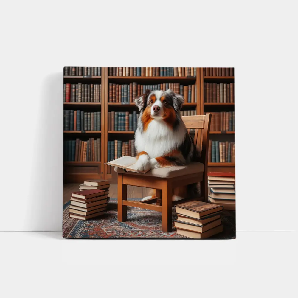 Australian Shepherd Dog Reading in Library – Wall Art