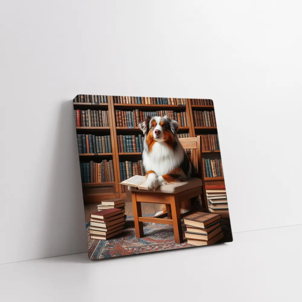 Australian Shepherd Dog Reading in Library – Wall Art