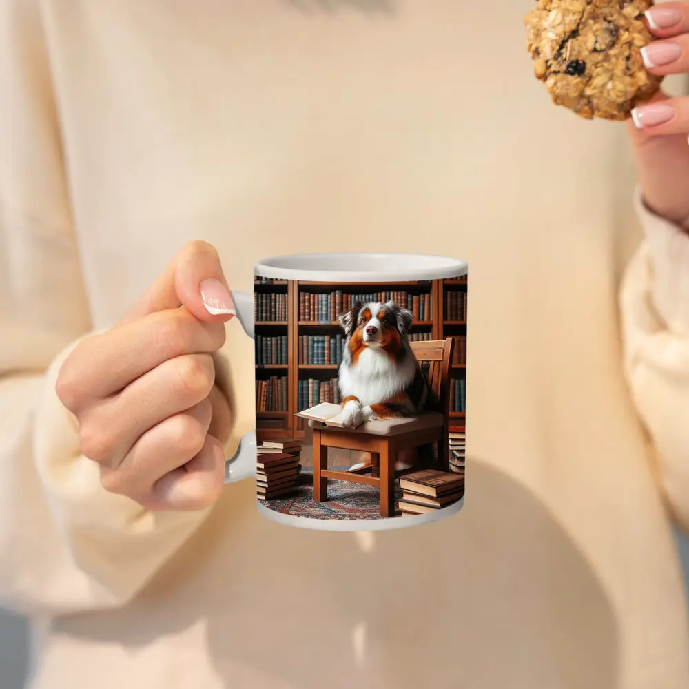 Australian Shepherd Dog Reading in Library – Mugs