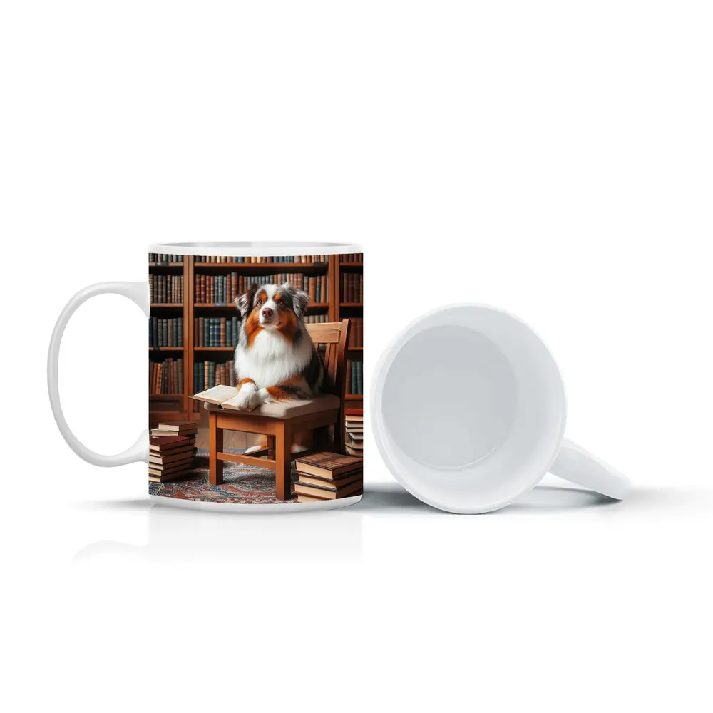 Australian Shepherd Dog Reading in Library – Mugs