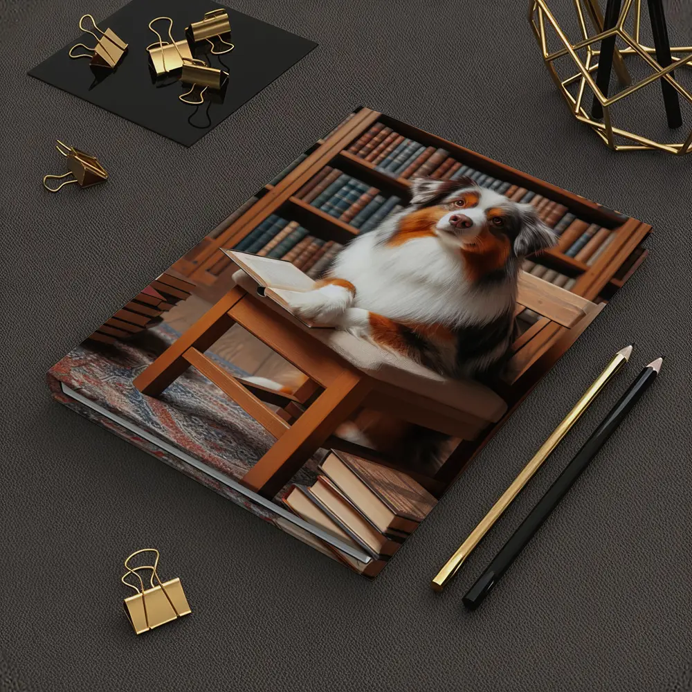 Australian Shepherd Dog Reading in Library – Notebooks