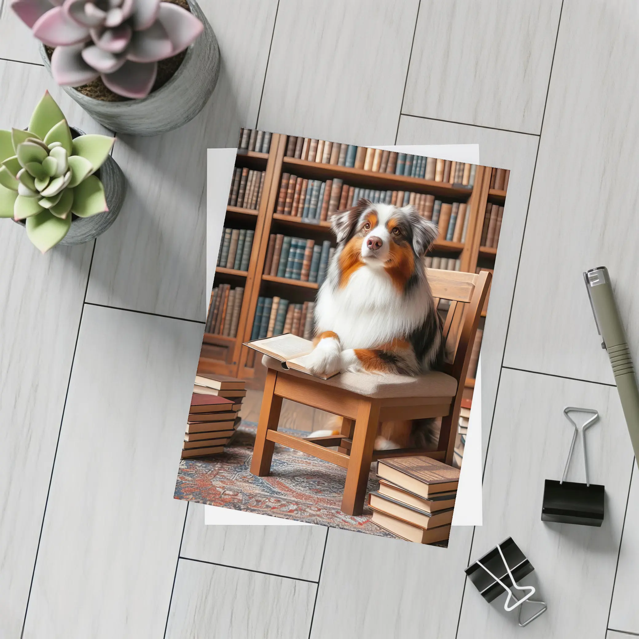 Australian Shepherd Dog Reading in Library – Postcards