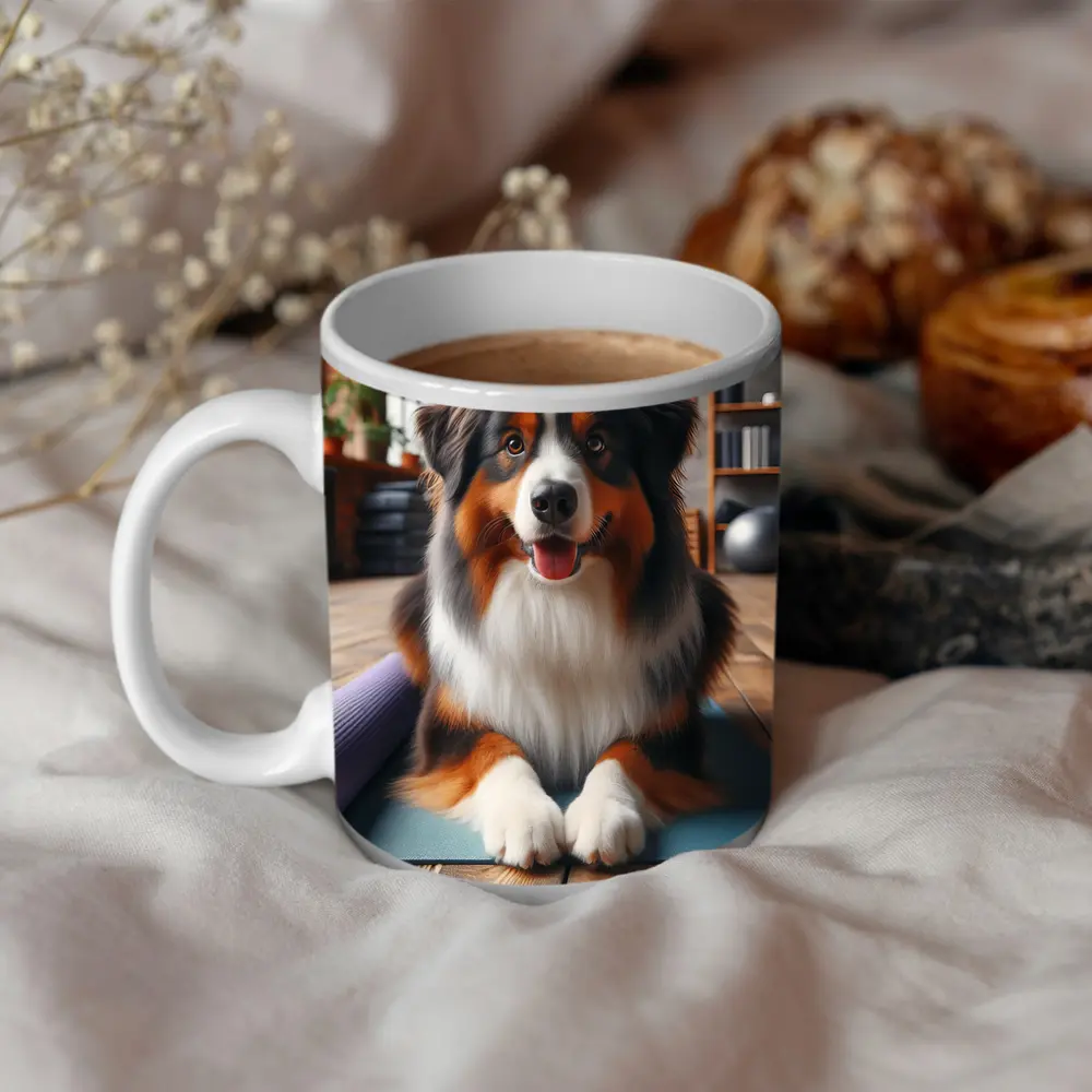Australian Shepherd Dog on Yoga Mat – Mugs