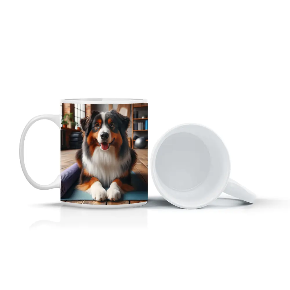 Australian Shepherd Dog on Yoga Mat – Mugs