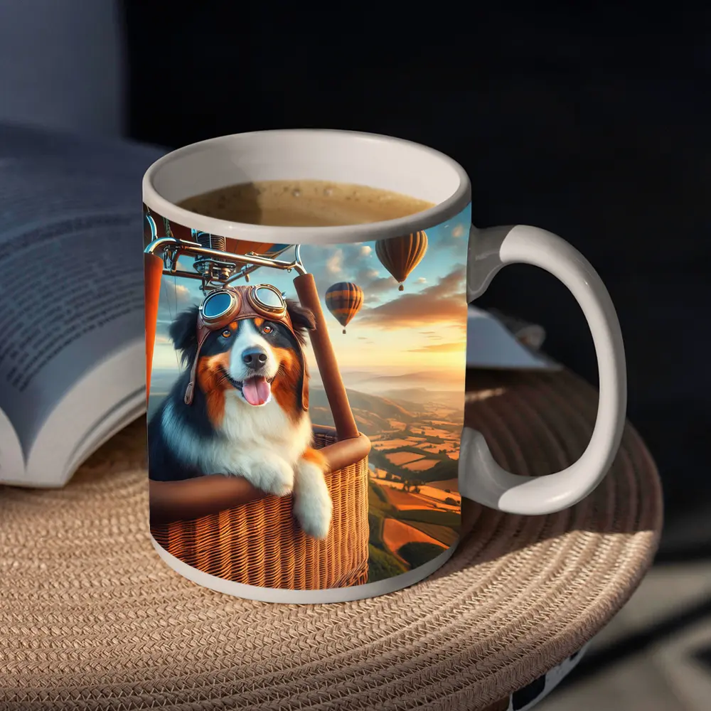 Australian Shepherd Pilot Hot Air Balloon Sky – Mugs
