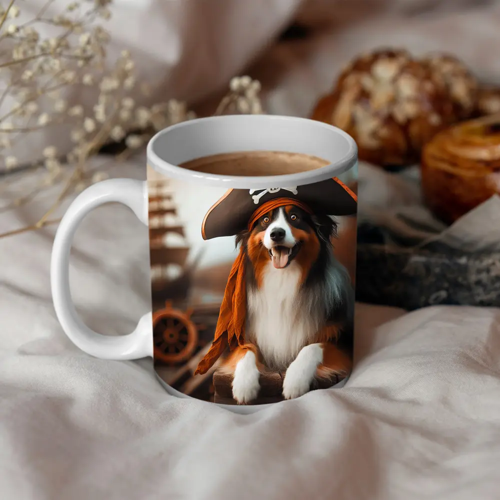 Australian Shepherd Pirate Hat Ship Background – Mugs