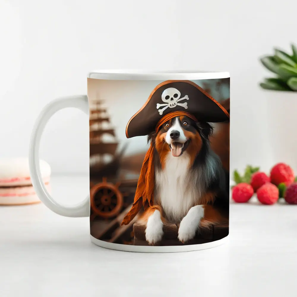 Australian Shepherd Pirate Hat Ship Background – Mugs