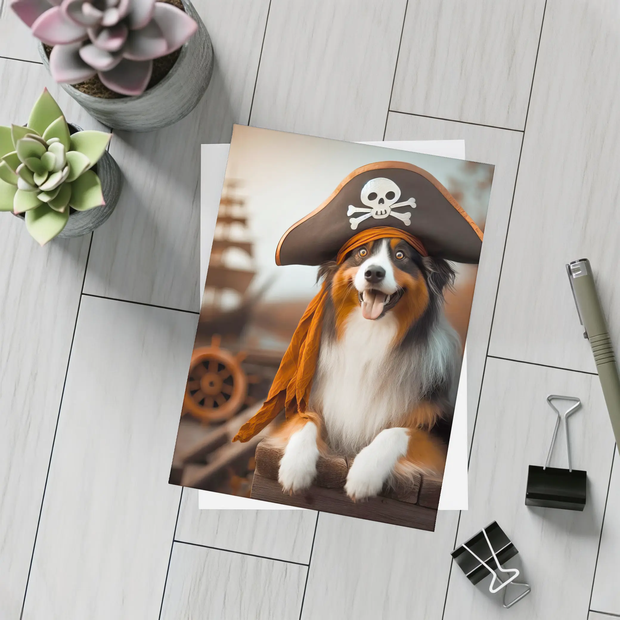 Australian Shepherd Pirate Hat Ship Background – Postcards