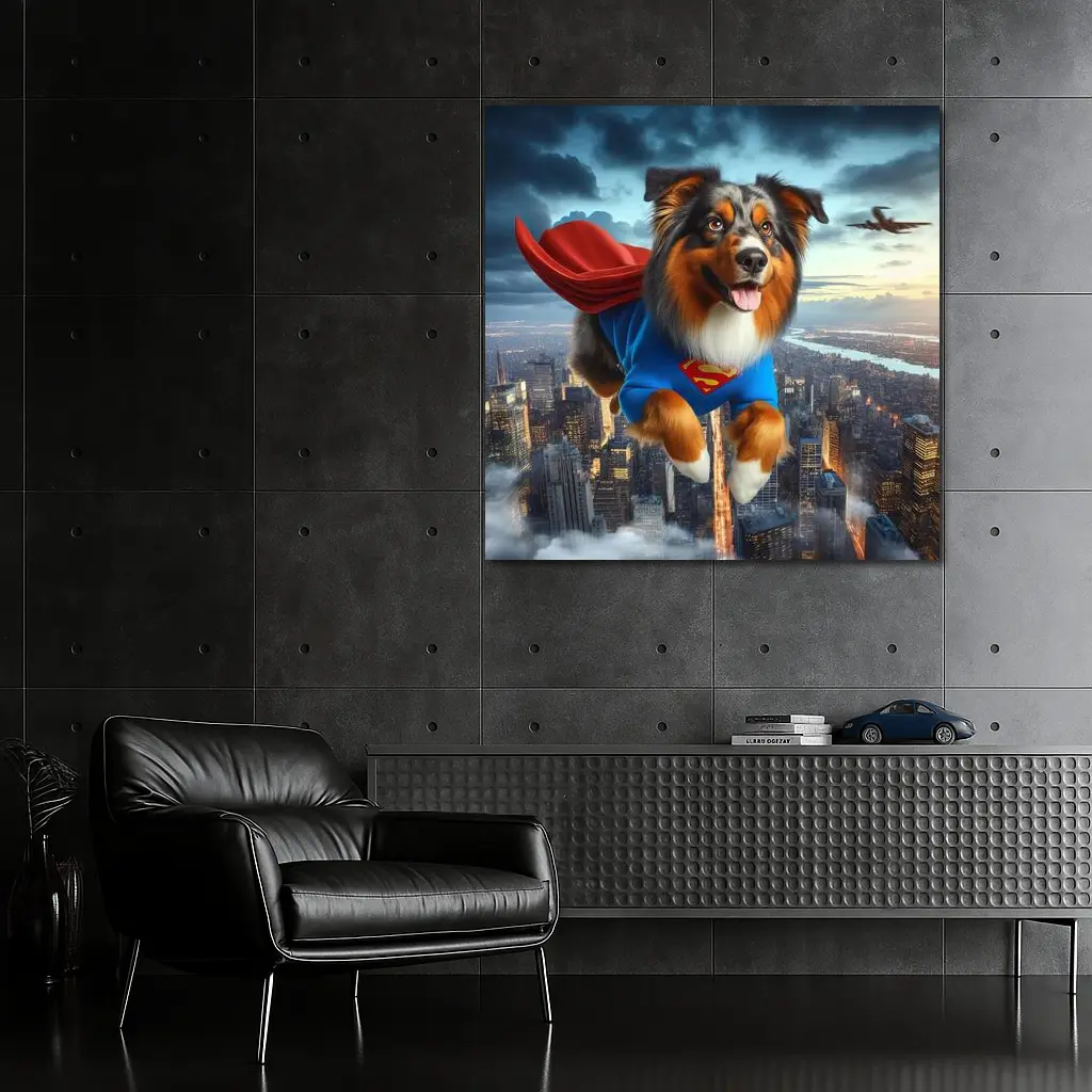 Australian Shepherd Superhero Flying Over City – Wall Art