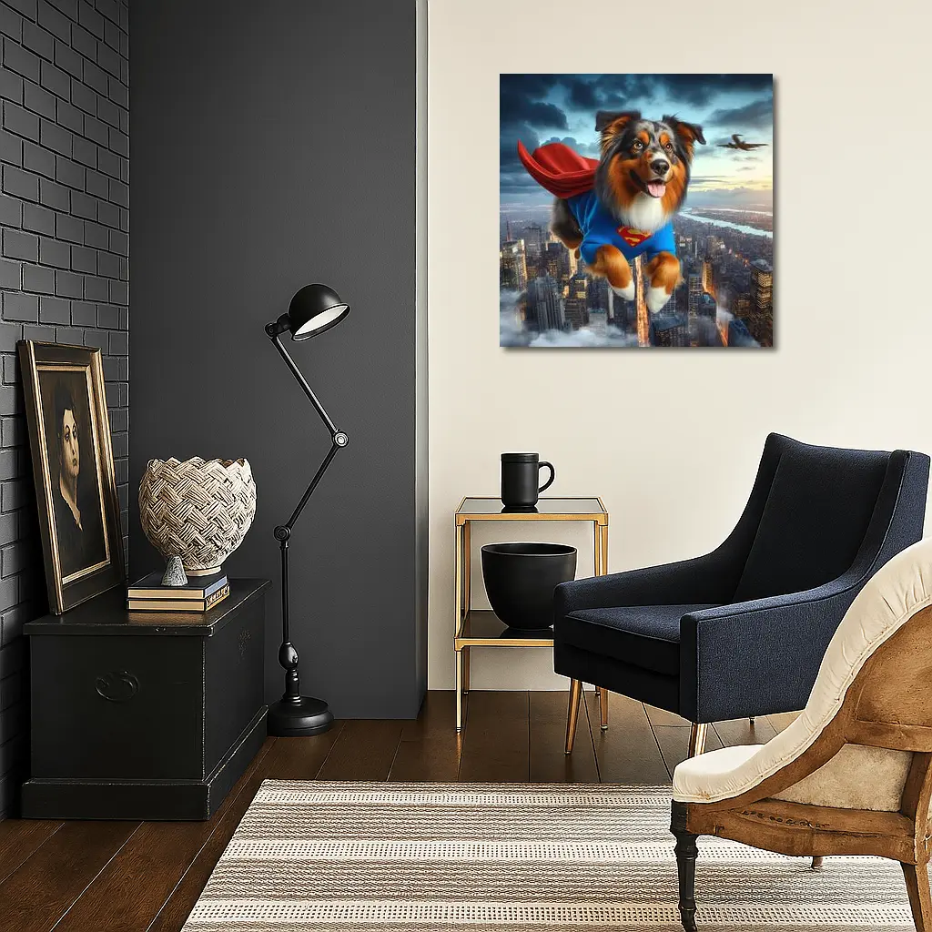 Australian Shepherd Superhero Flying Over City – Wall Art