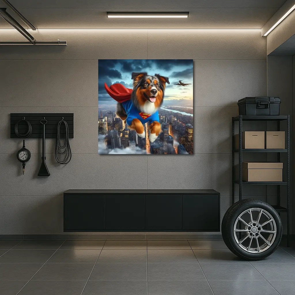 Australian Shepherd Superhero Flying Over City – Wall Art