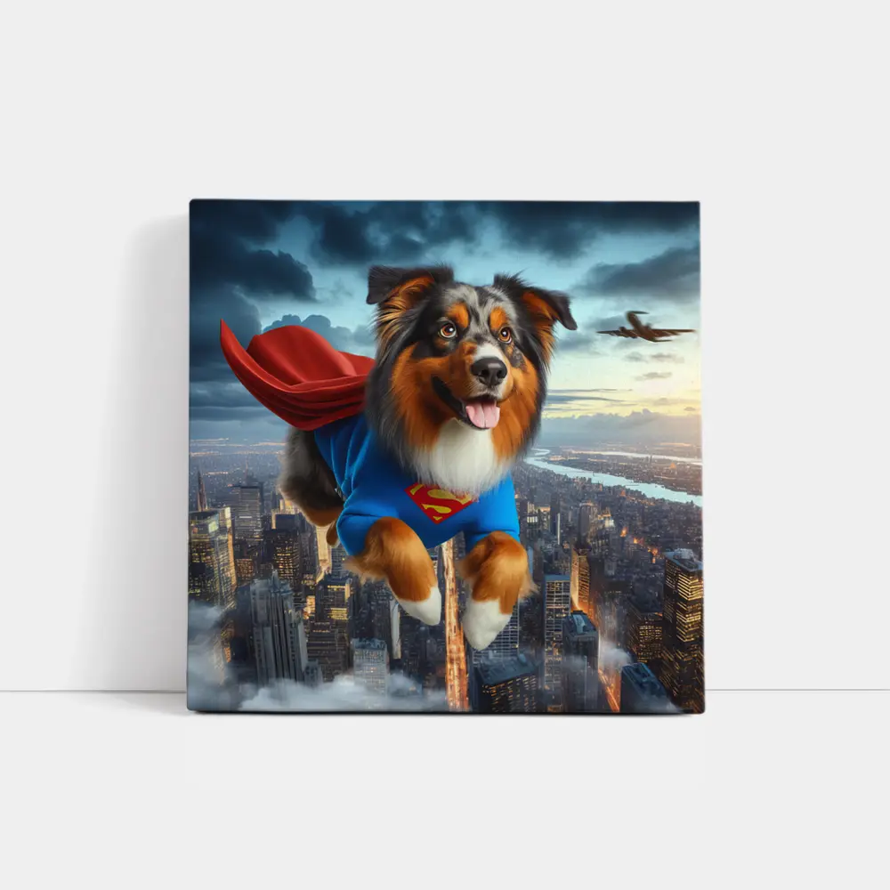 Australian Shepherd Superhero Flying Over City – Wall Art