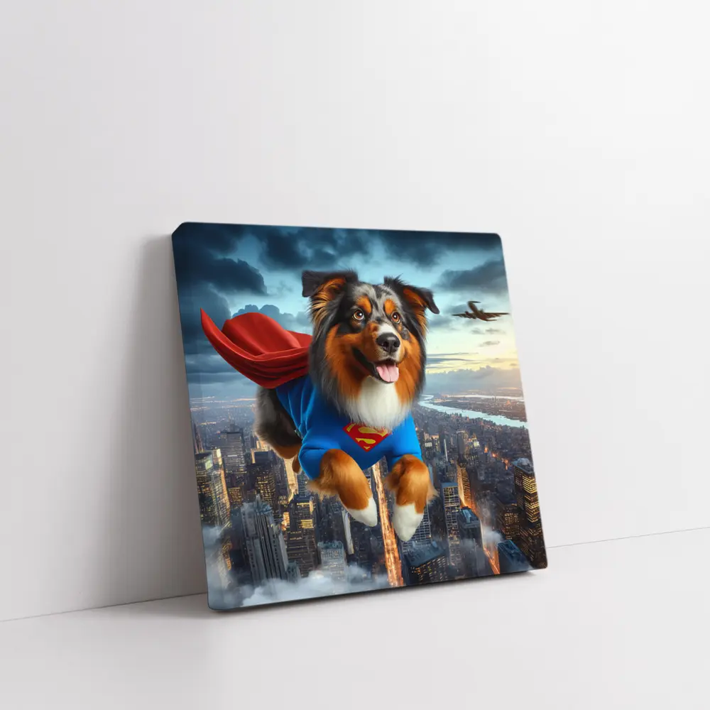Australian Shepherd Superhero Flying Over City – Wall Art