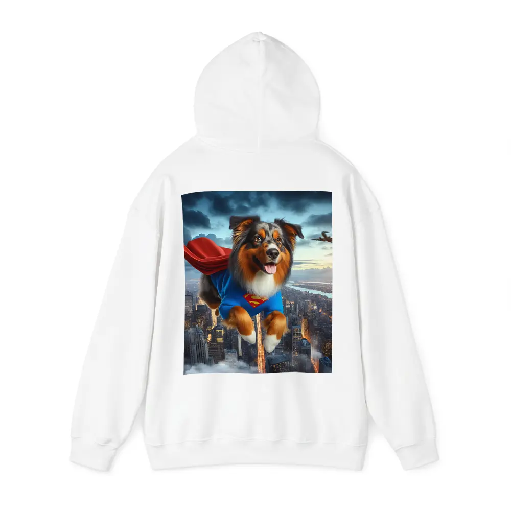 Australian Shepherd Superhero Flying Over City – Hoodies