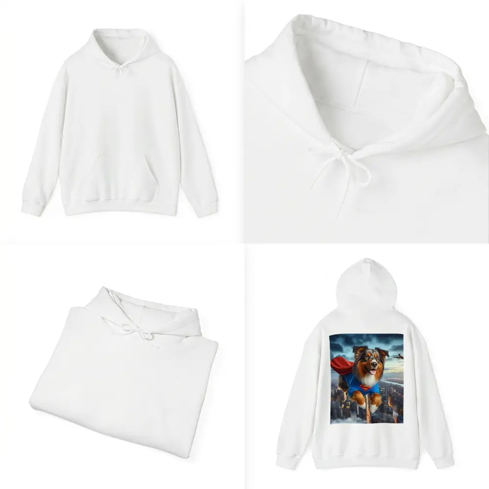Australian Shepherd Superhero Flying Over City – Hoodies