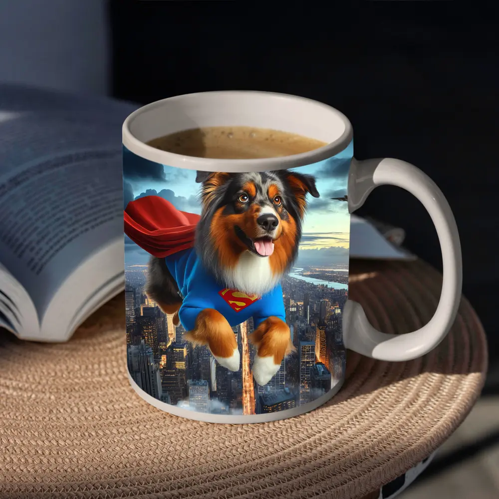 Australian Shepherd Superhero Flying Over City – Mugs