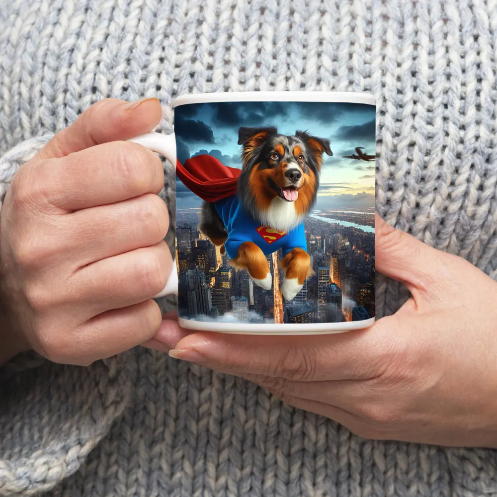 Australian Shepherd Superhero Flying Over City – Mugs