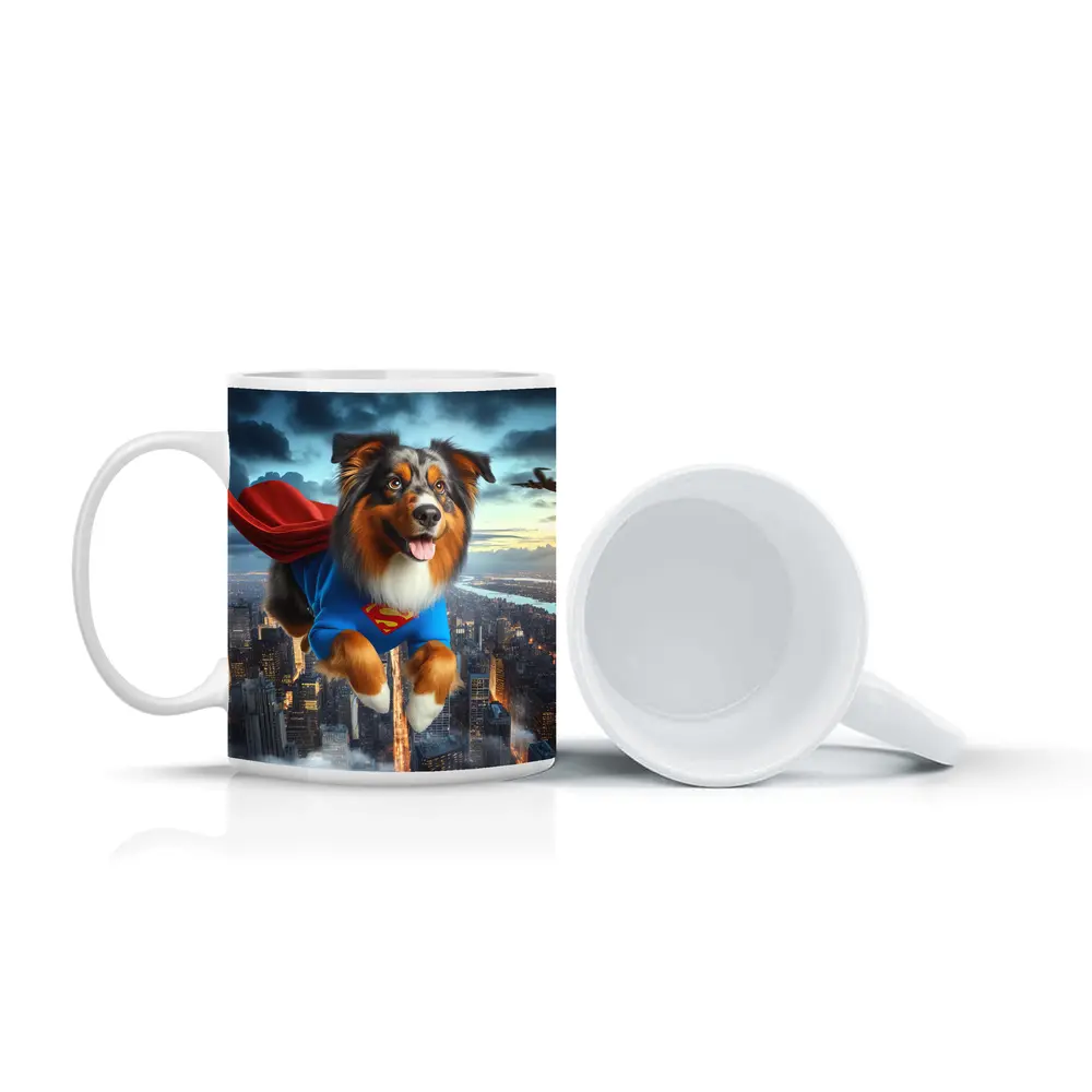 Australian Shepherd Superhero Flying Over City – Mugs