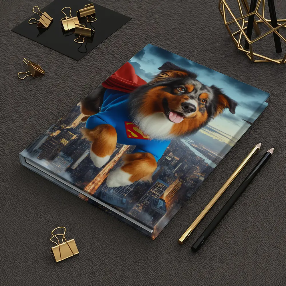 Australian Shepherd Superhero Flying Over City – Notebooks