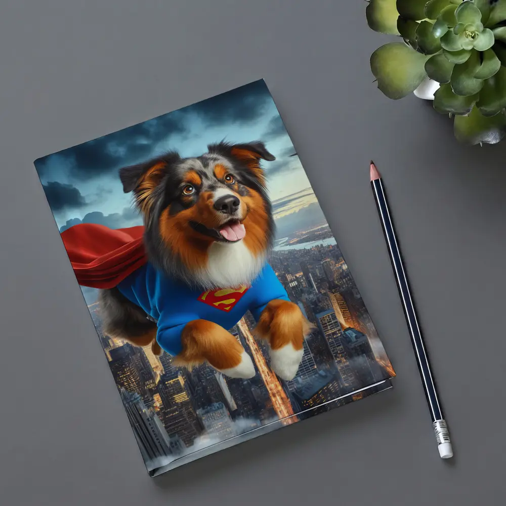 Australian Shepherd Superhero Flying Over City – Notebooks