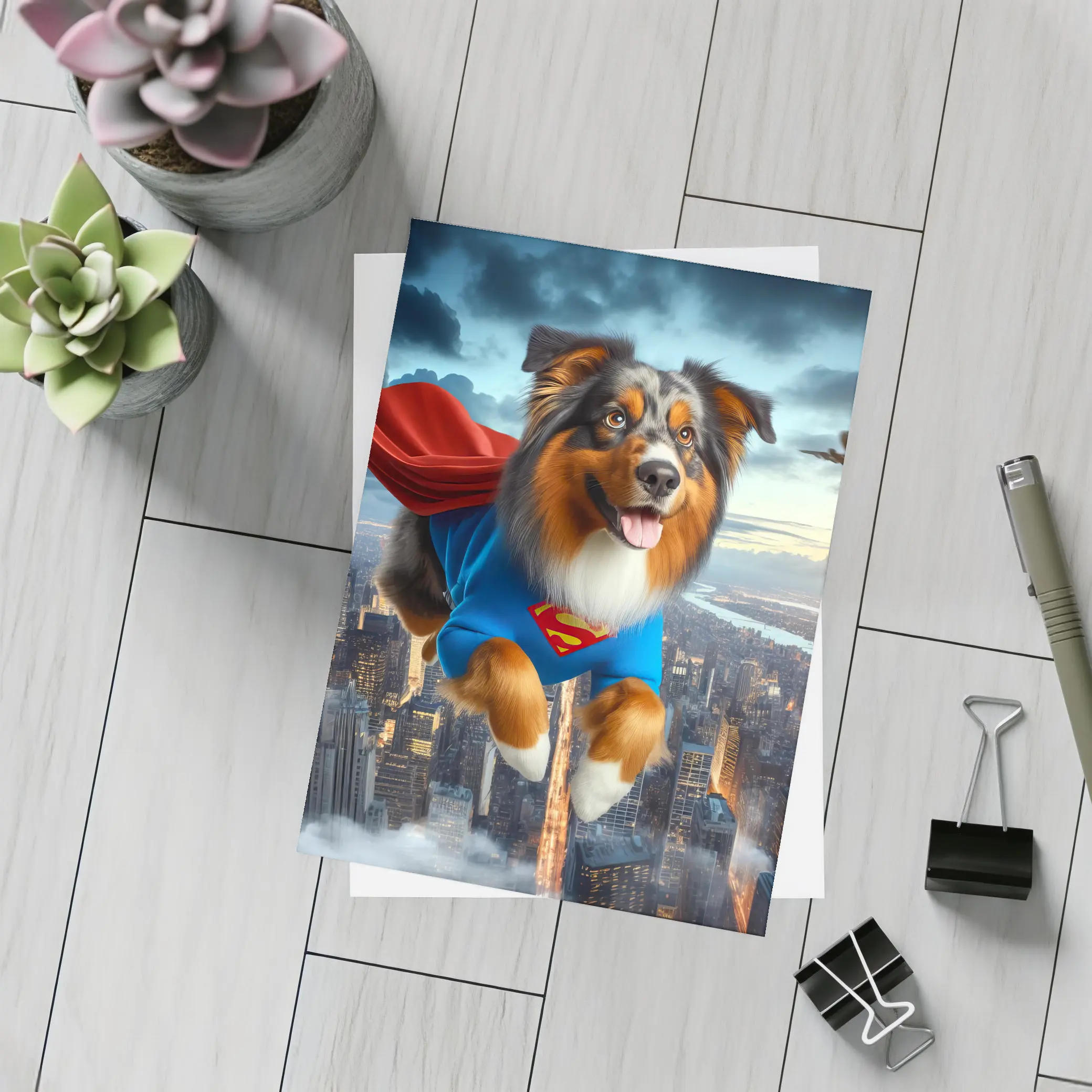 Australian Shepherd Superhero Flying Over City – Postcards