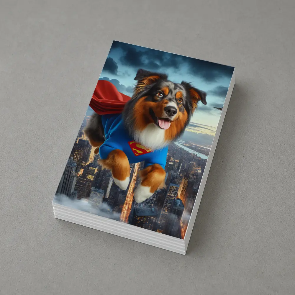 Australian Shepherd Superhero Flying Over City – Postcards