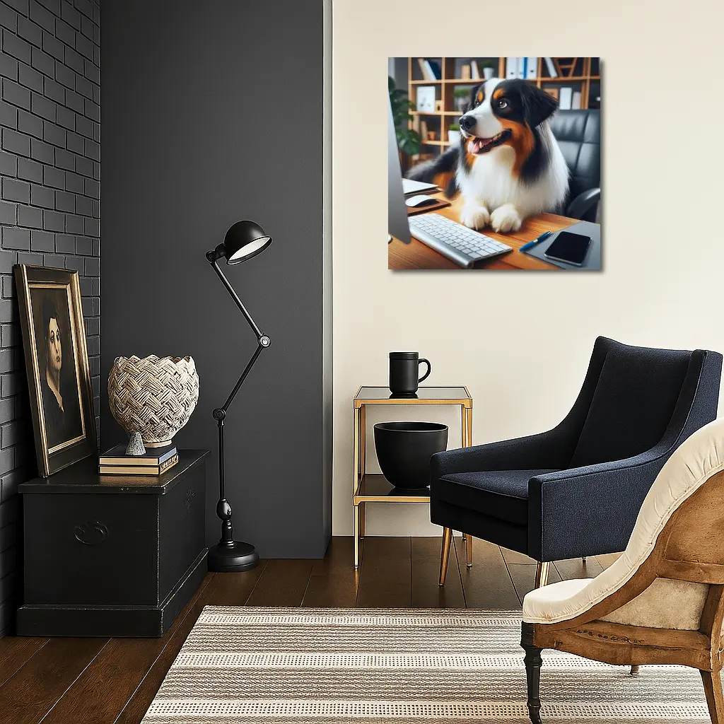 Australian Shepherd Dog Sitting Office Desk – Wall Art