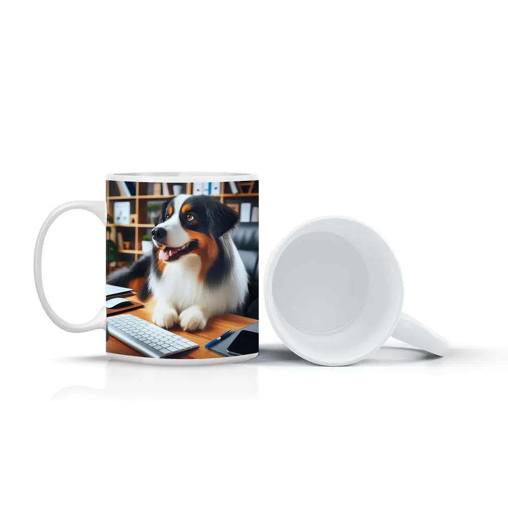 Australian Shepherd Dog Sitting Office Desk – Mugs