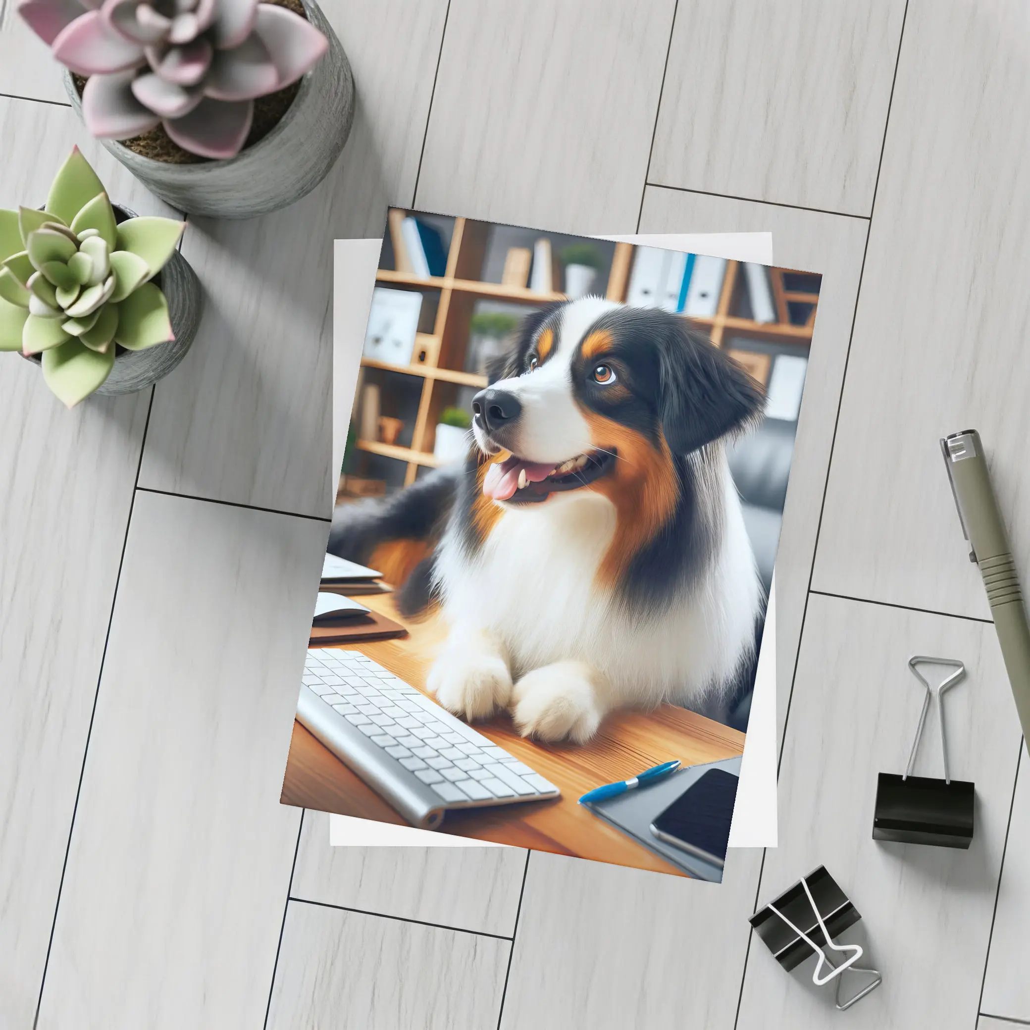Australian Shepherd Dog Sitting Office Desk – Postcards