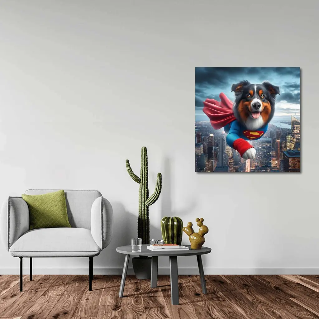 Australian Shepherd Superman Flying Over City – Wall Art