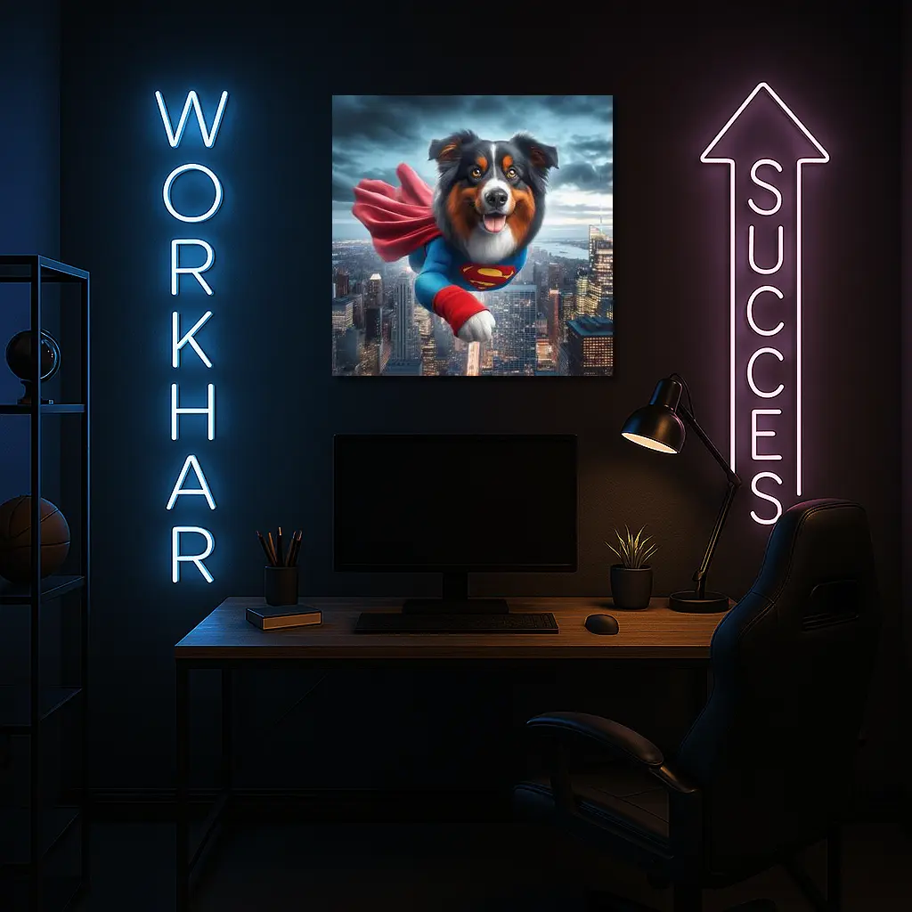 Australian Shepherd Superman Flying Over City – Wall Art