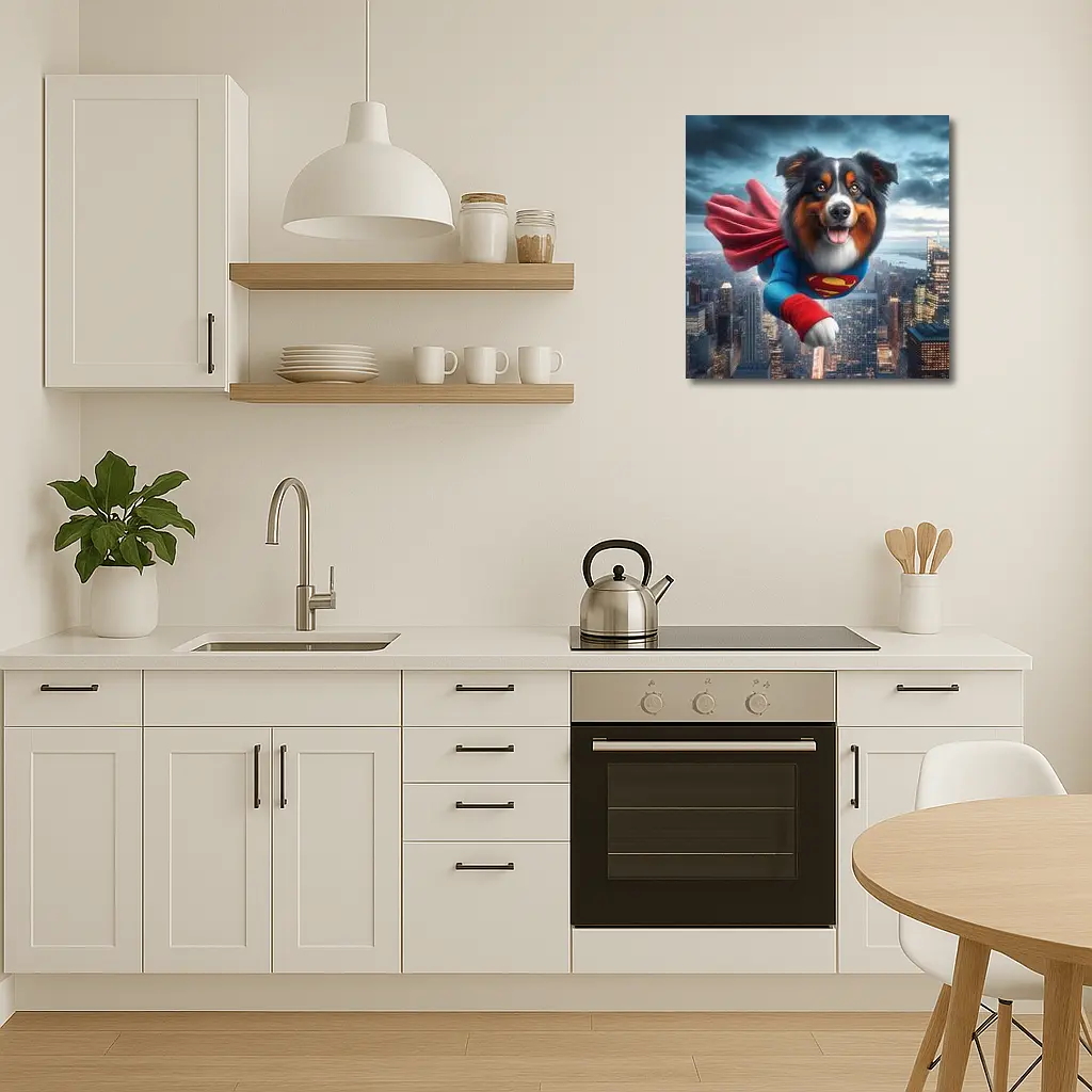 Australian Shepherd Superman Flying Over City – Wall Art