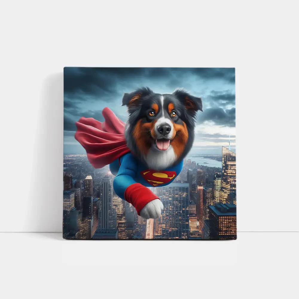 Australian Shepherd Superman Flying Over City – Wall Art