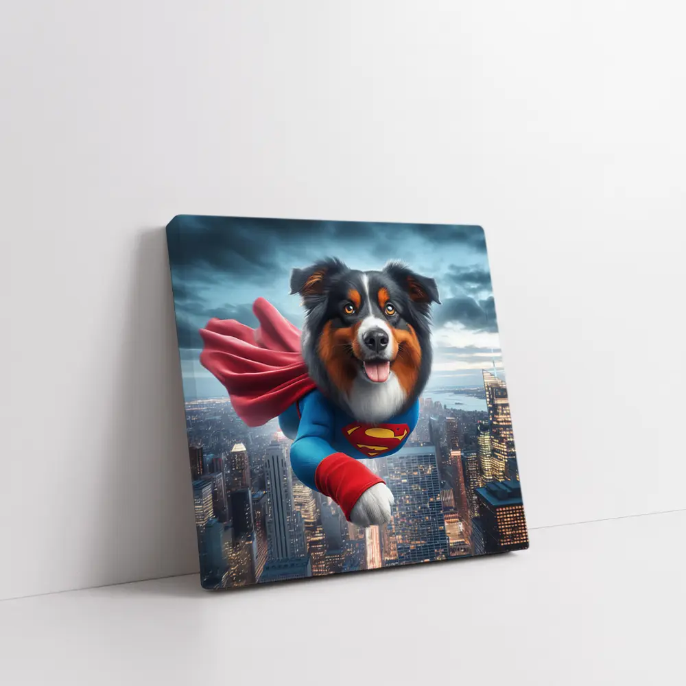 Australian Shepherd Superman Flying Over City – Wall Art